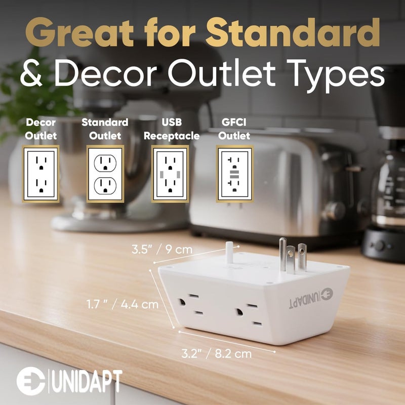 Unidapt 6 Outlet Wall Plug Extender 1-Pack, Surge Protector Power Strip 900J with 3-Sided Wide-Spaced Outlets, Multiple Charger Expander, Mountable Wall Tap for Home, Office & Travel - Image 5